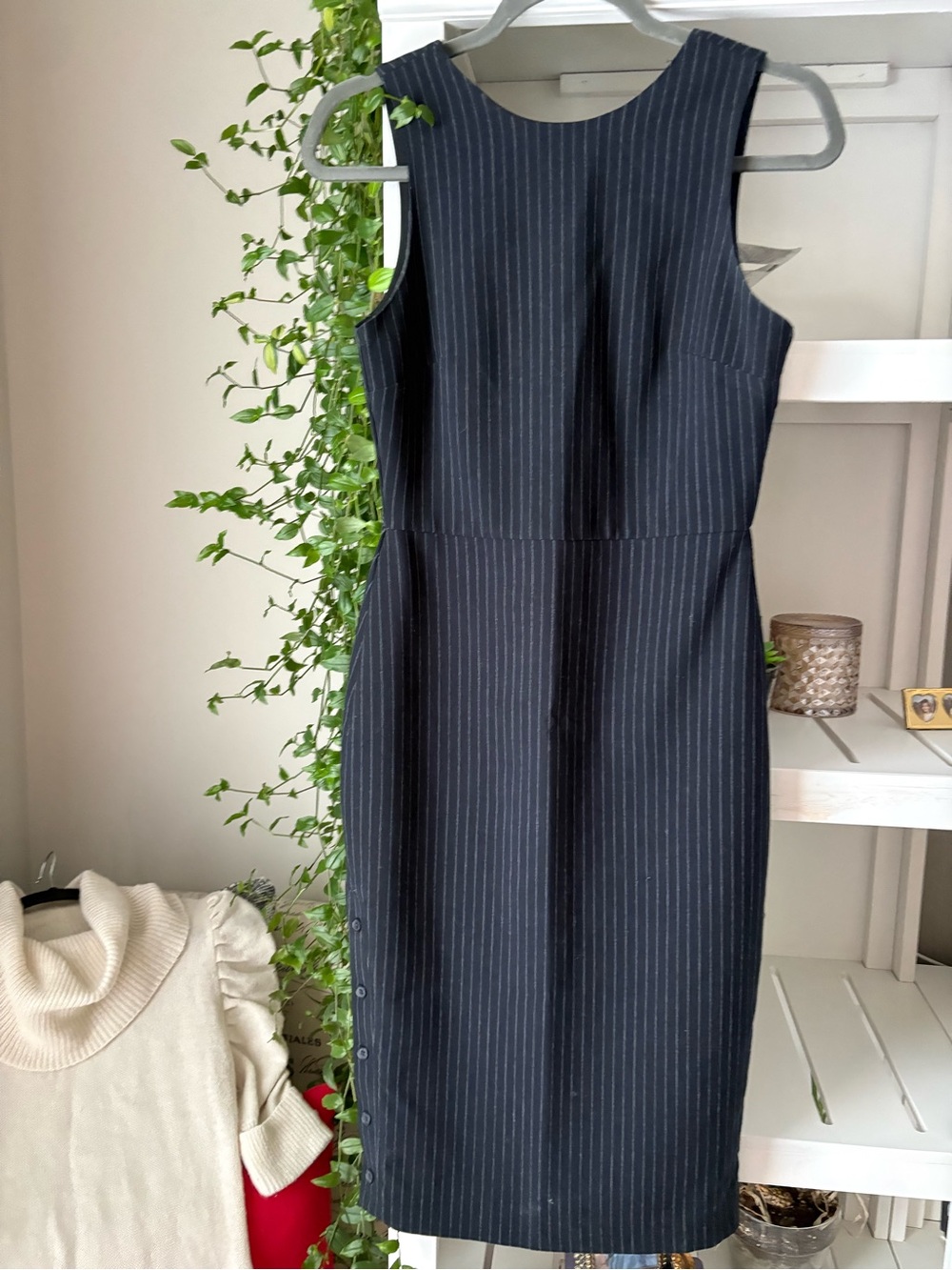Classic Sleeveless Pinstripe Sheath Dress - Navy - Picture 2 of 13